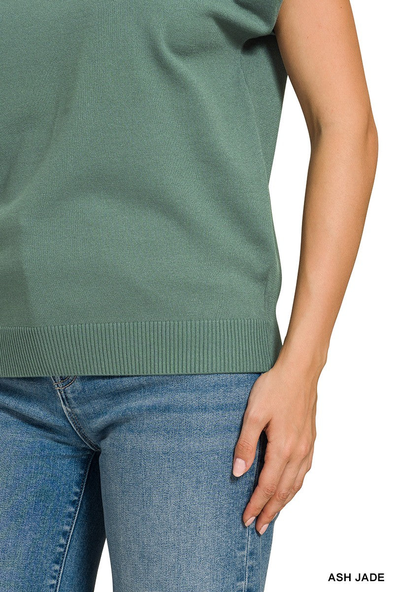 Extended-shoulder short sleeve knit sweater with ribbed trim