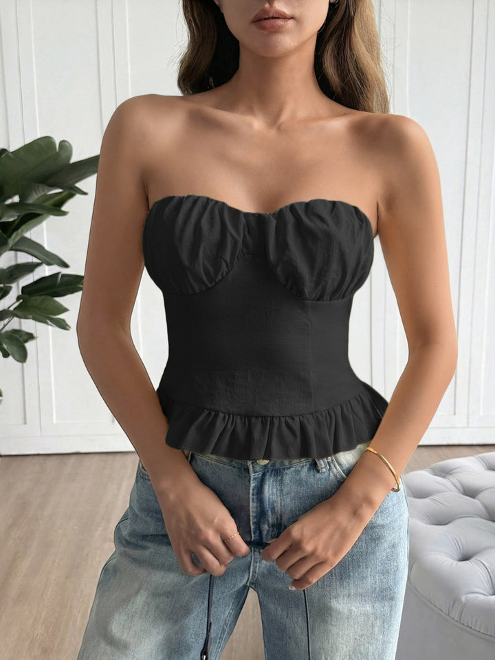 Ruched sweetheart tube top with ruffle peplum hem