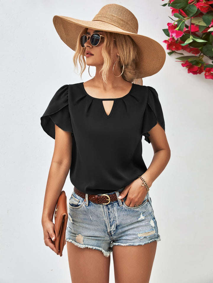 Black Petal sleeve blouse with keyhole cutout round neck