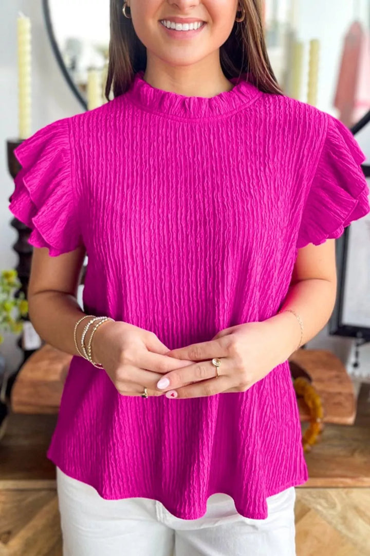 Crinkle-textured mock neck blouse with ruffle sleeves