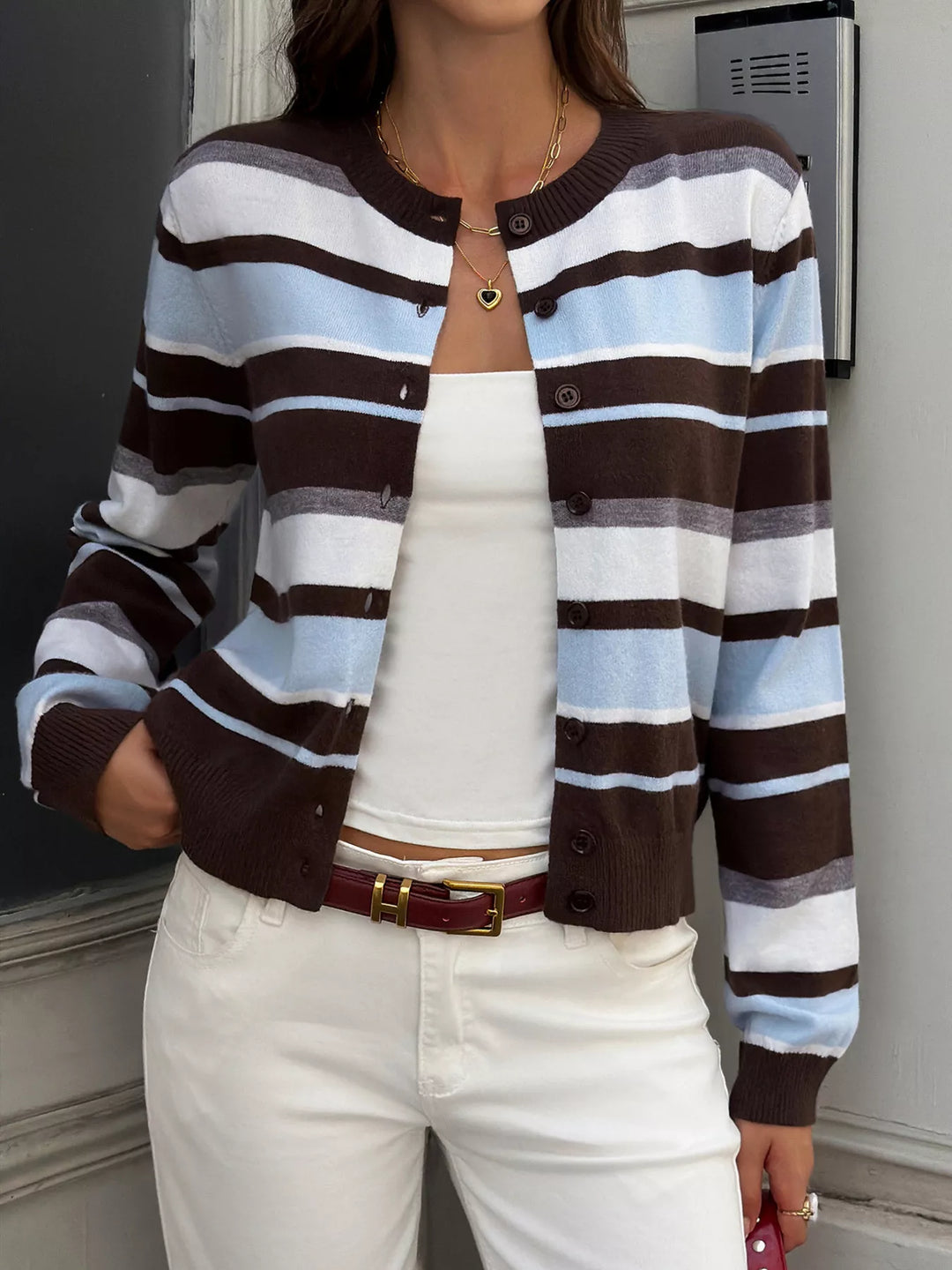 Striped knit button-down cardigan with ribbed trim