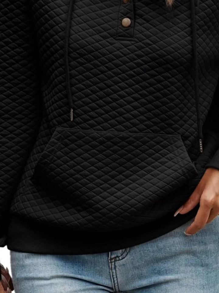 Diamond-textured drawstring pullover hoodie with button placket