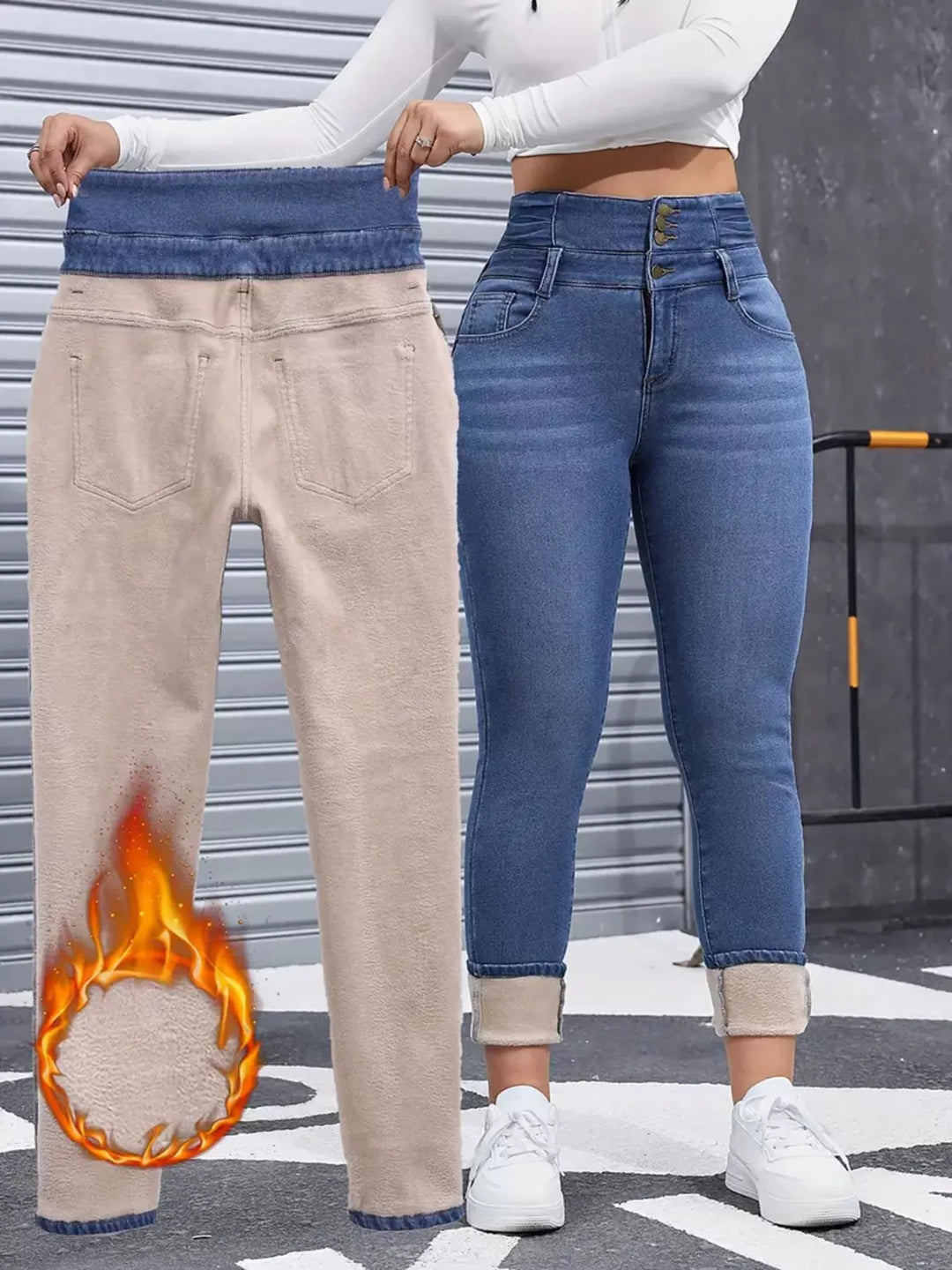 High-rise fleece-lined skinny jeans with stacked button waist