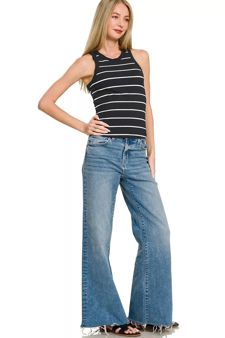 Striped ribbed high-neck fitted tank top