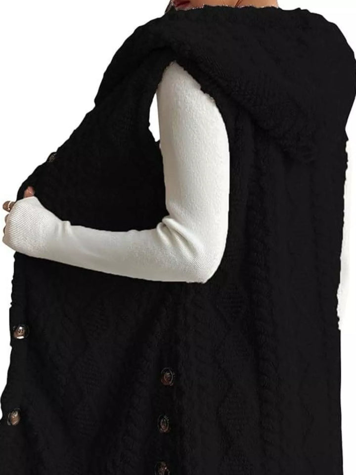 Textured sherpa hooded vest with button front