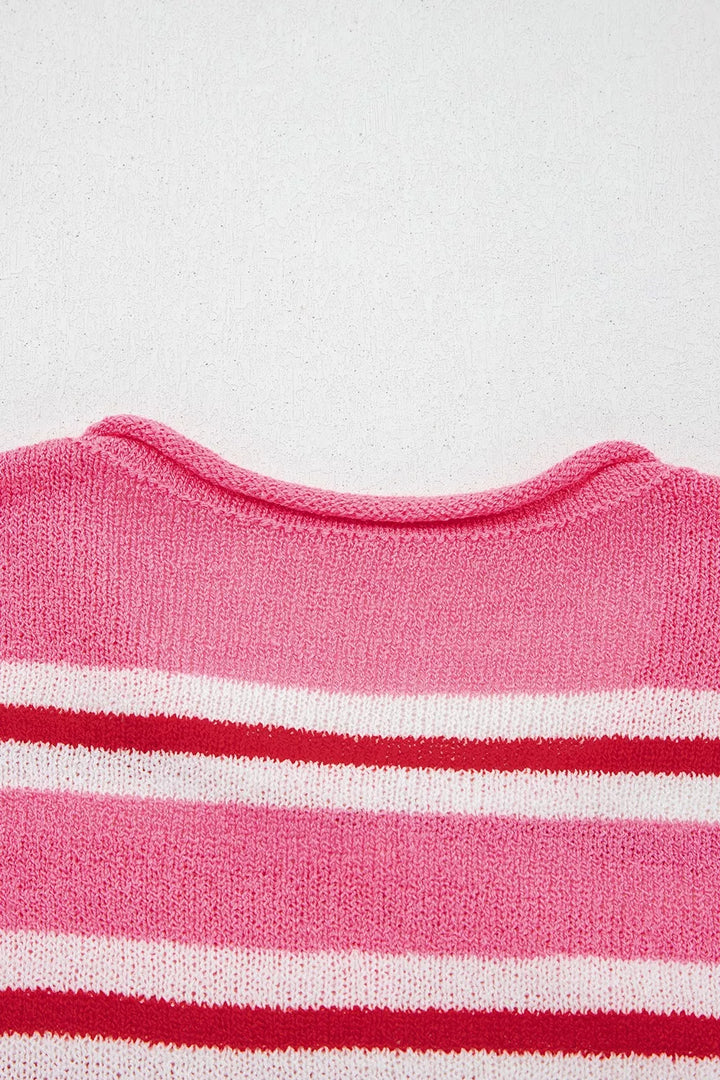 Striped knit button-front cardigan with rolled crew neck