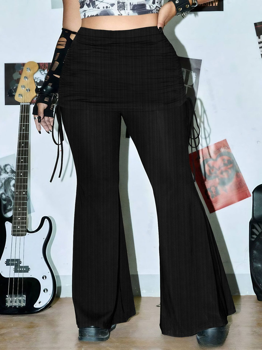 Ribbed high-waist flare pants with drawstring sides