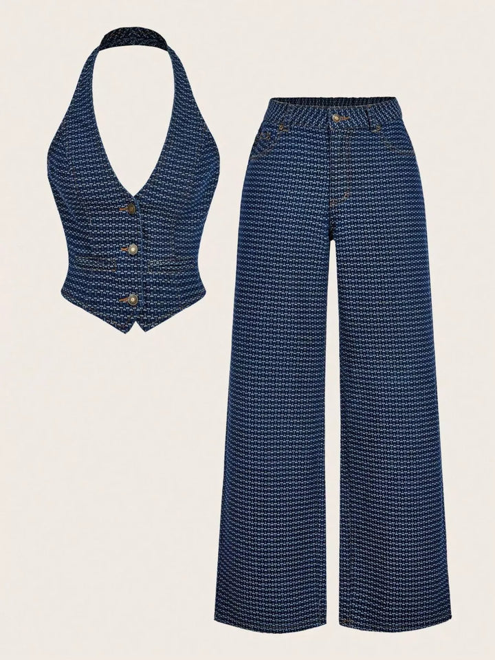 Dark Blue Halter denim vest and wide-leg jeans two-piece set