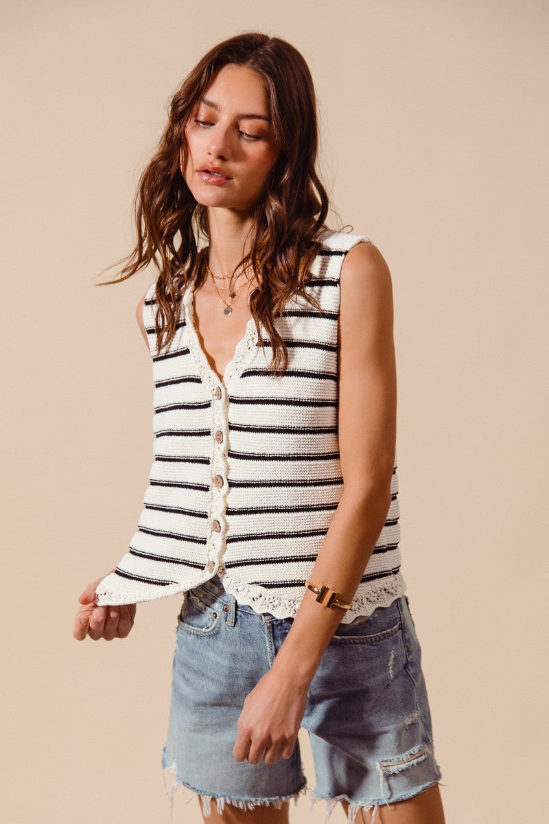 Striped knit button-down sweater vest with crochet trim