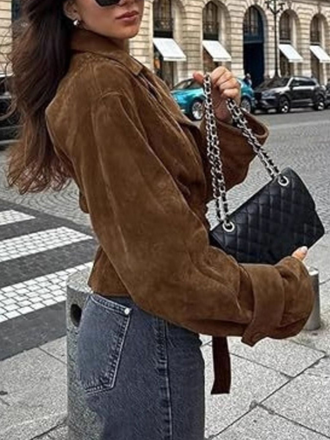 Faux suede tie-waist cropped jacket with lapel collar