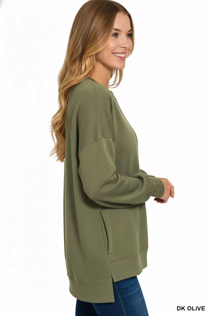 Hi-low fleece boyfriend sweatshirt with side pockets