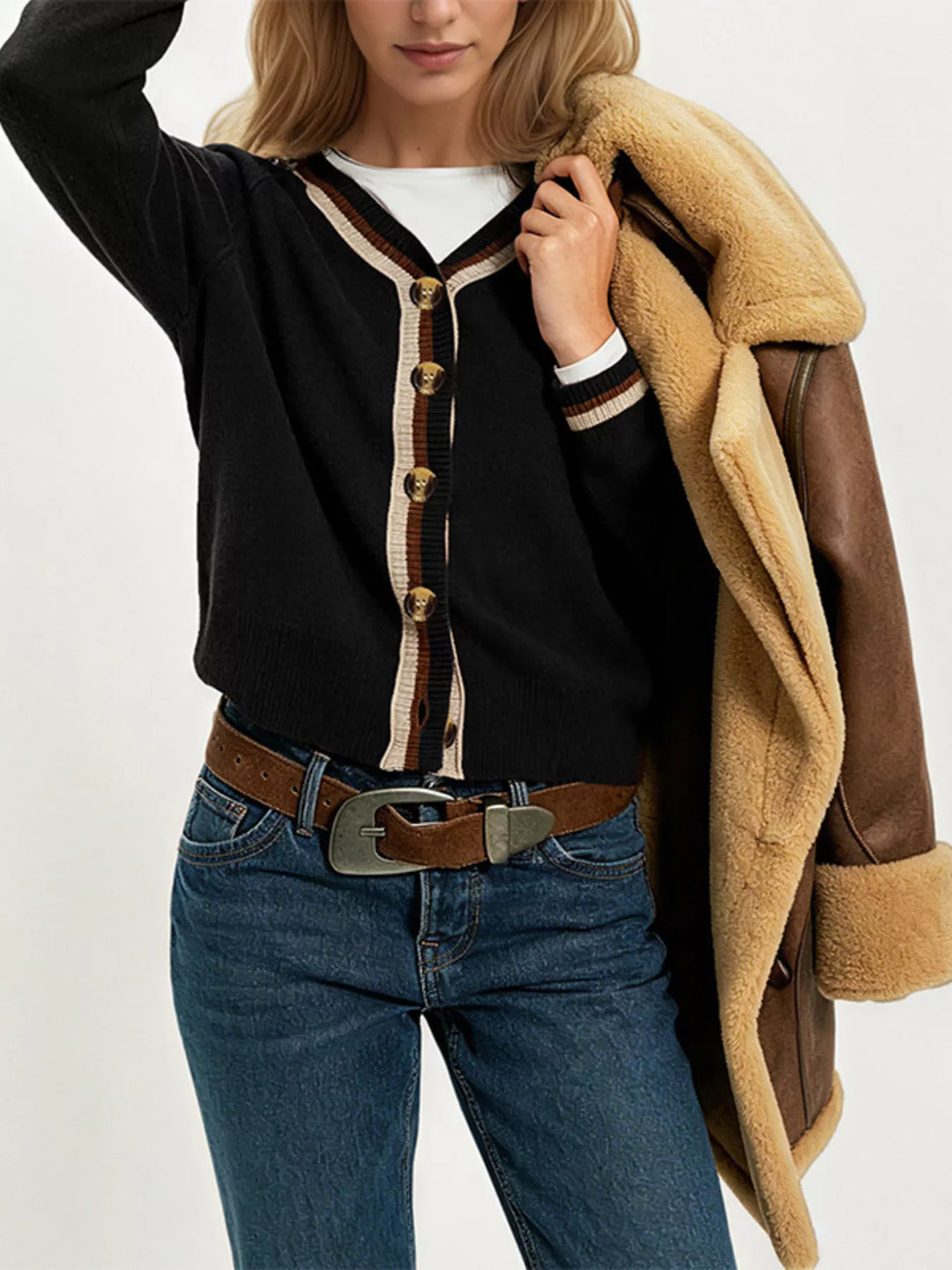 Black Striped trim V-neck button-down knit cardigan