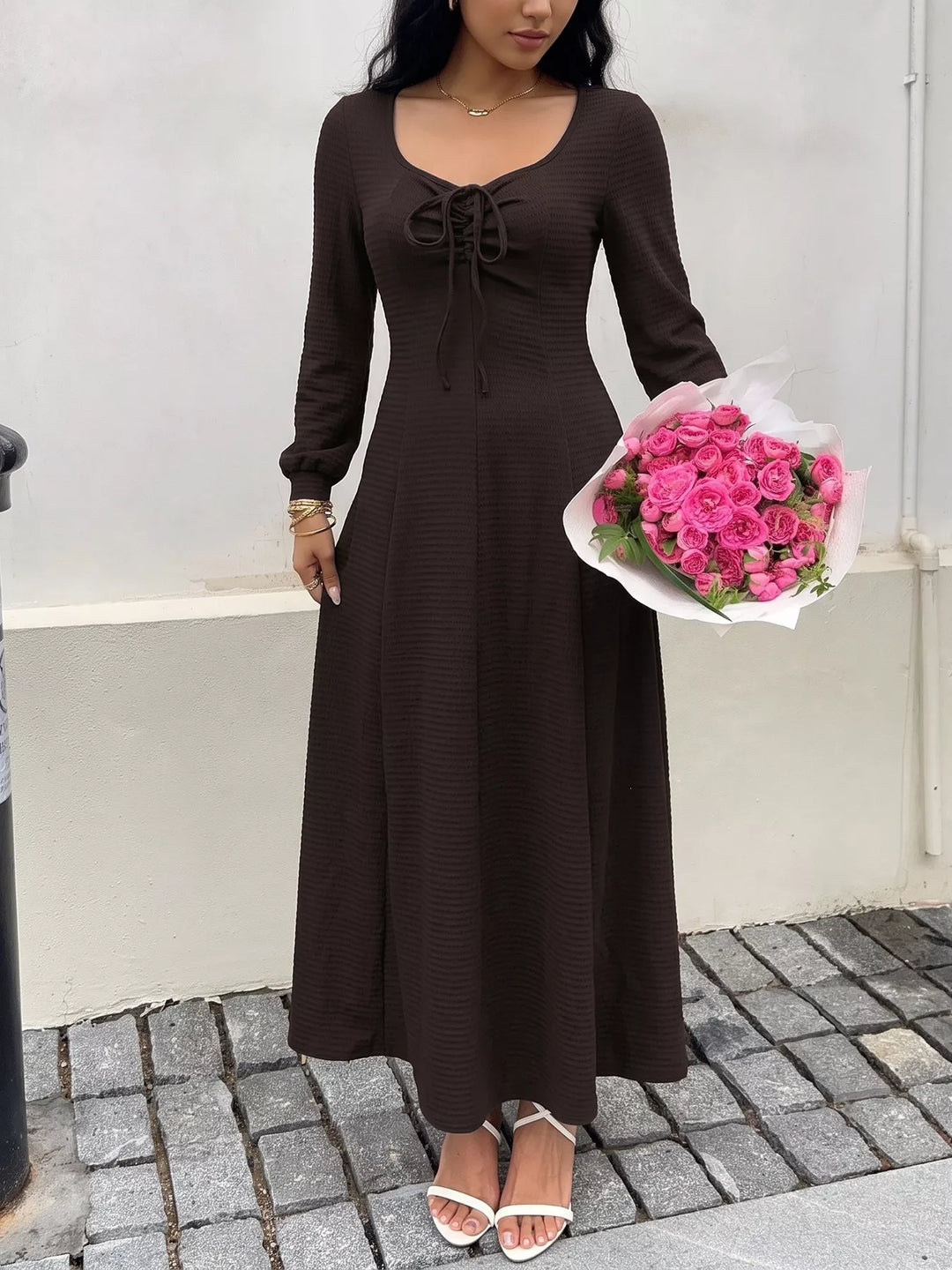 Ribbed knit tie-front long sleeve maxi dress