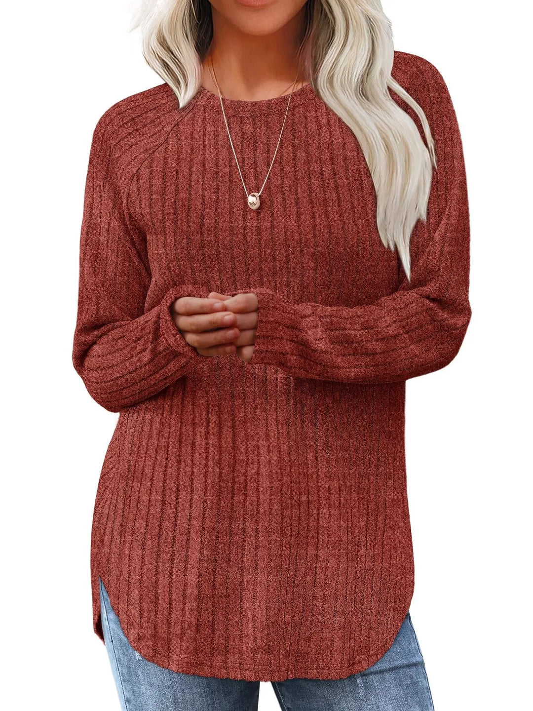 Rust Ribbed knit crew neck long sleeve top with curved hem