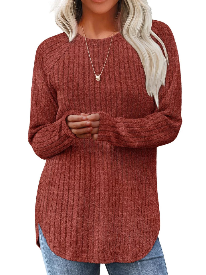 Rust Ribbed knit crew neck long sleeve top with curved hem