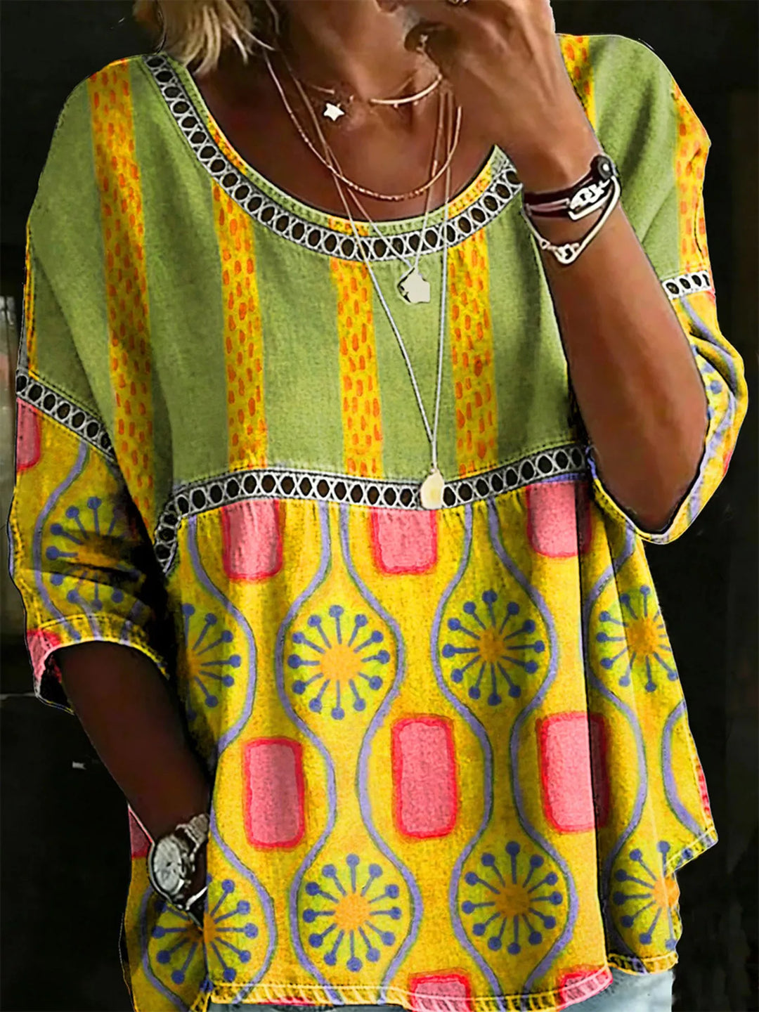 Yellow Floral print crochet-trim tunic top with 3/4 sleeves