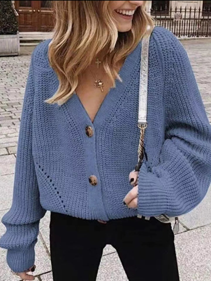 Blue Chunky knit button-down cardigan with tortoiseshell buttons