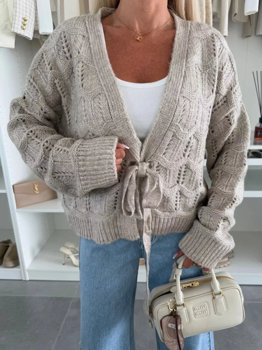 Khaki Openwork tie-front cropped knit cardigan