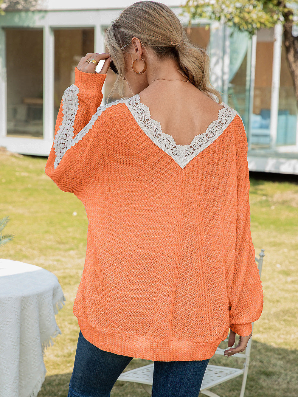 Contrast lace-trim waffle knit V-neck top