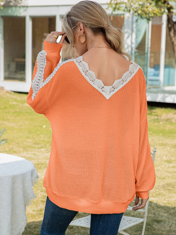 Contrast lace-trim waffle knit V-neck top