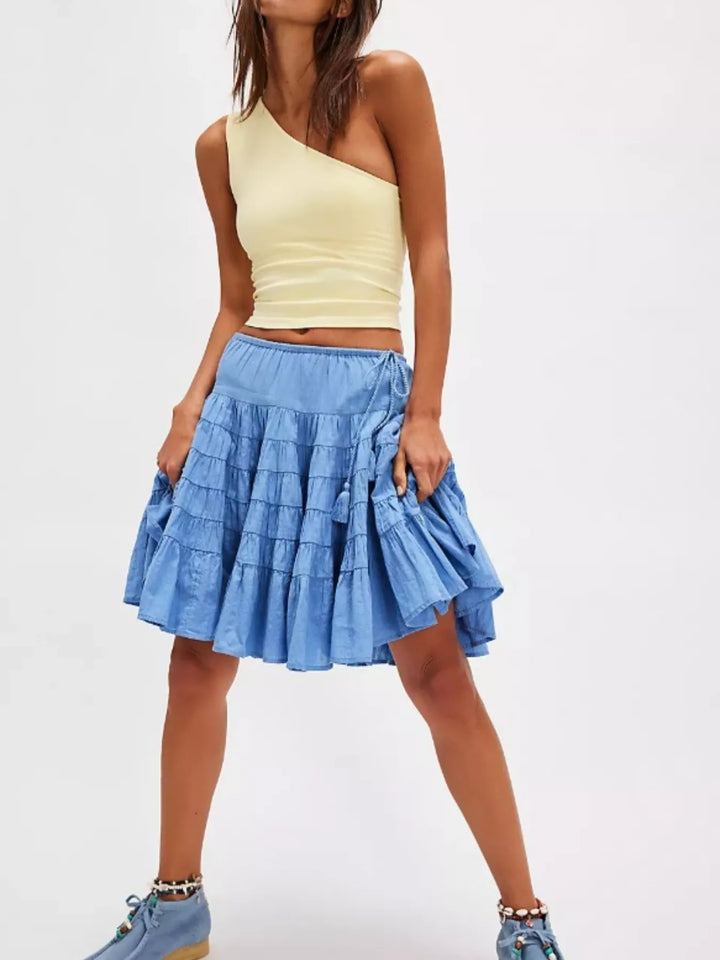 Sky Blue Tiered ruffle mini skirt with drawstring waist