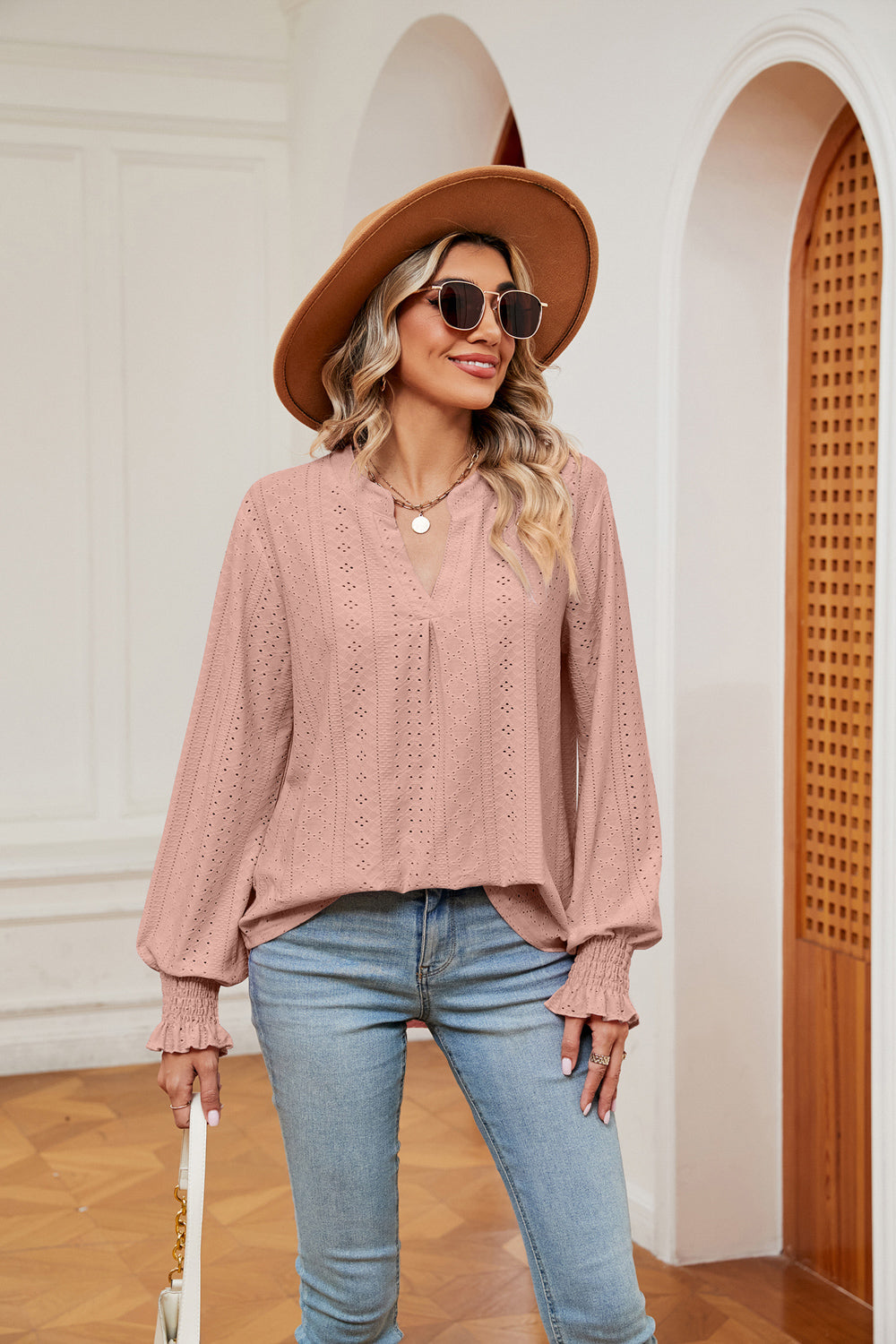 Eyelet notched-neck blouse with flounce sleeves