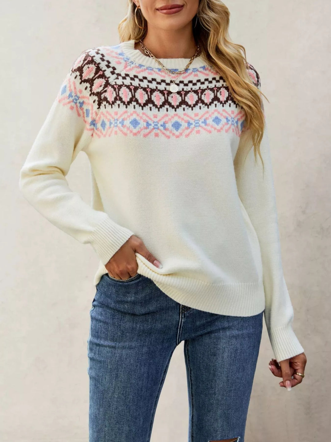 Fair Isle knit crew neck sweater with ribbed cuffs