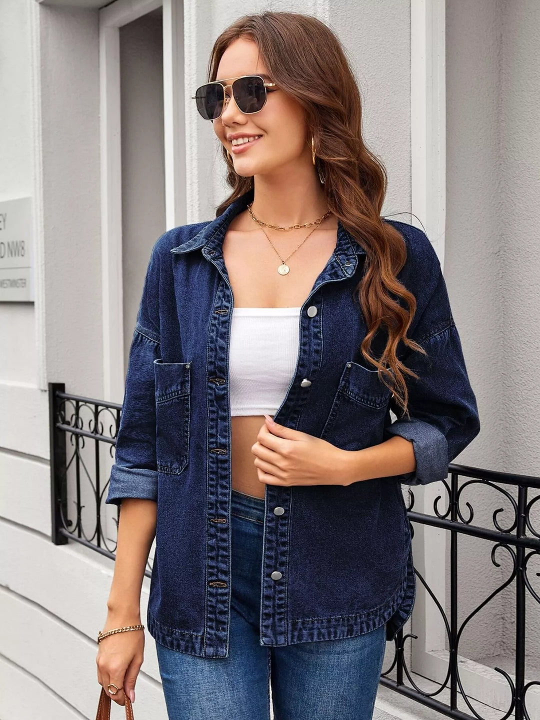 Dark Blue Relaxed button-up denim shirt with chest pockets