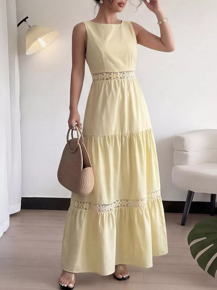 Sleeveless tiered maxi dress with lace inset waist