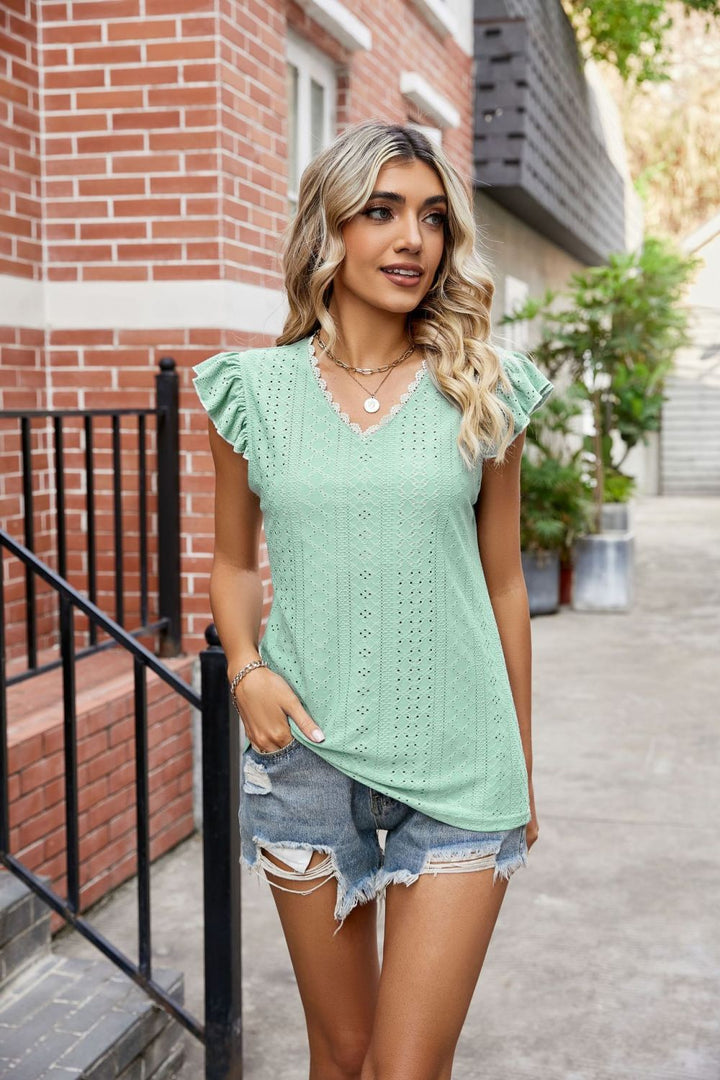 Eyelet flutter sleeve top with scalloped V-neck