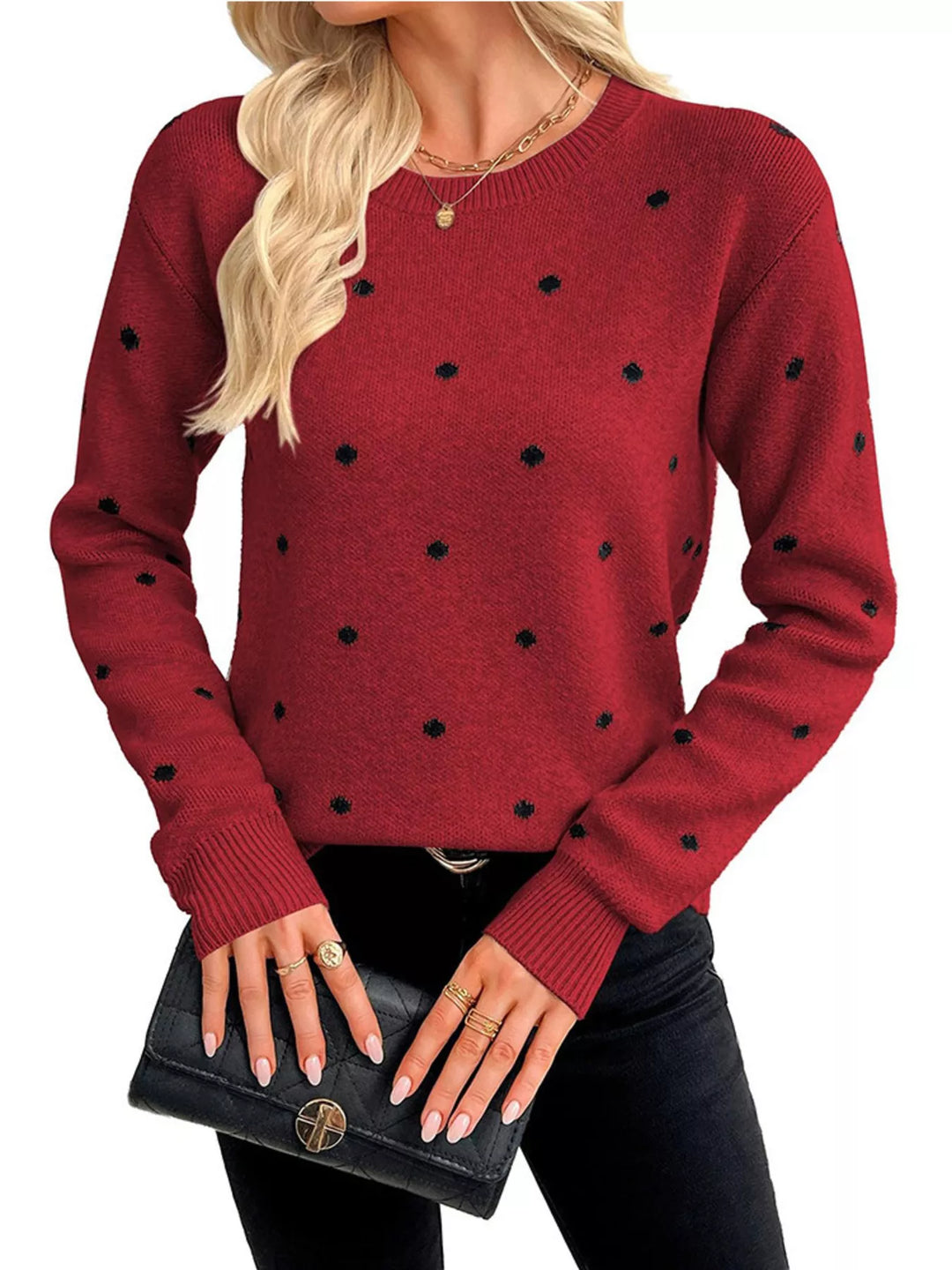 Polka dot knit crew neck pullover sweater