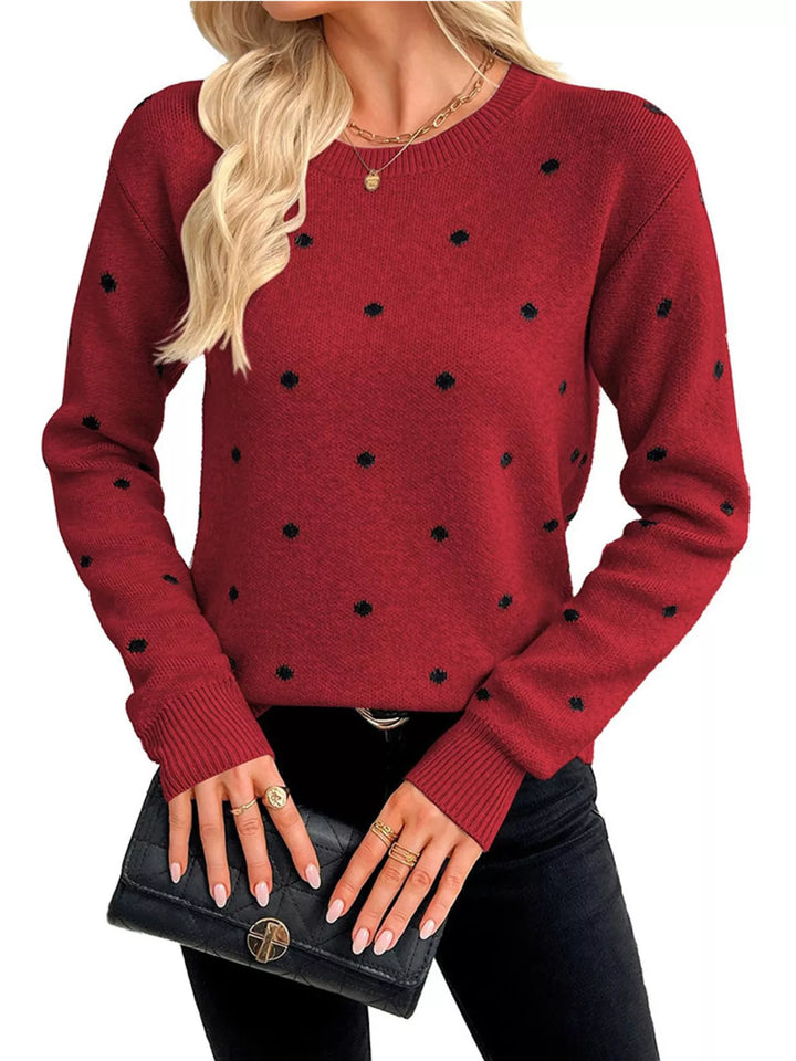 Polka dot knit crew neck pullover sweater