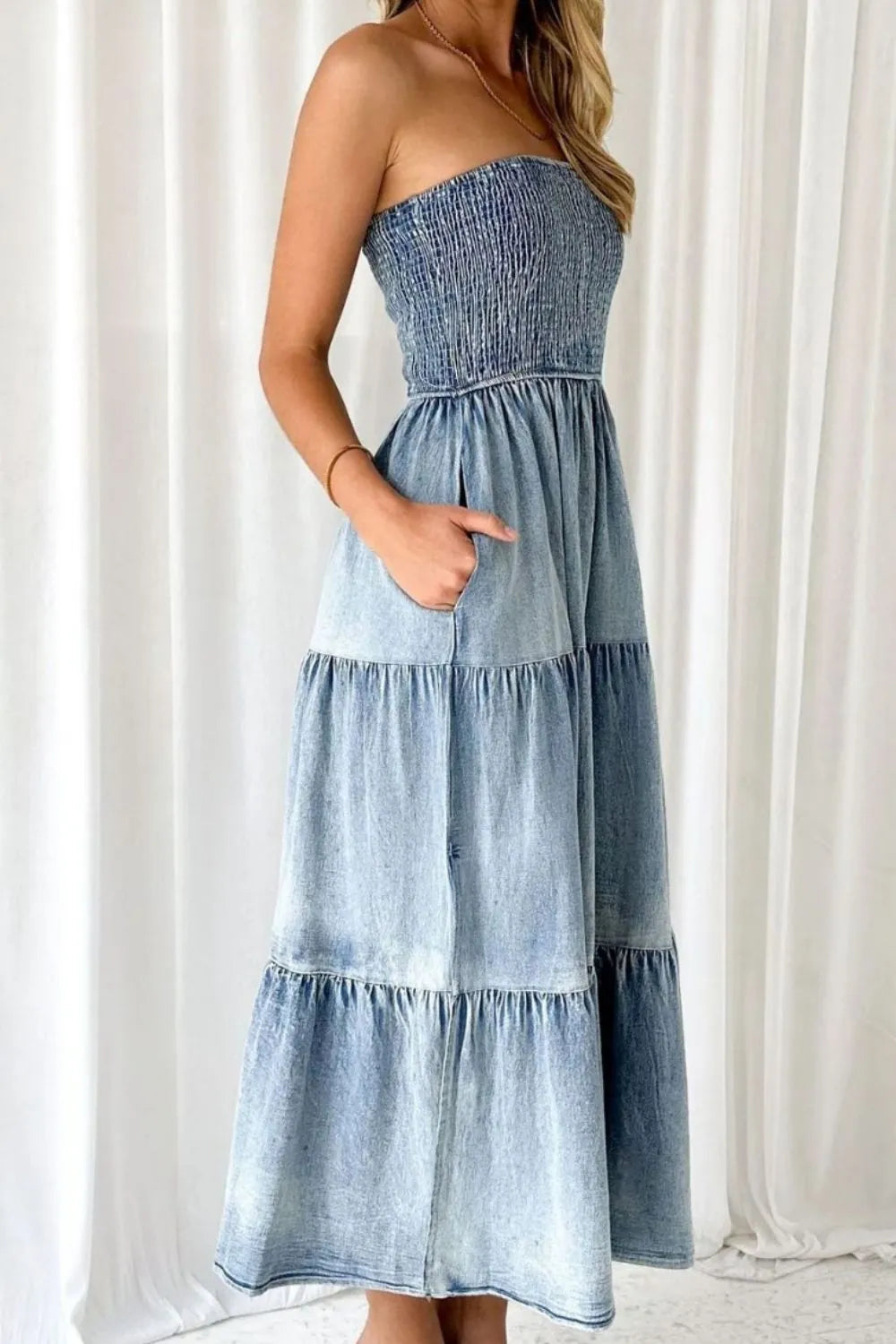 Smocked strapless tiered denim maxi dress with side slit