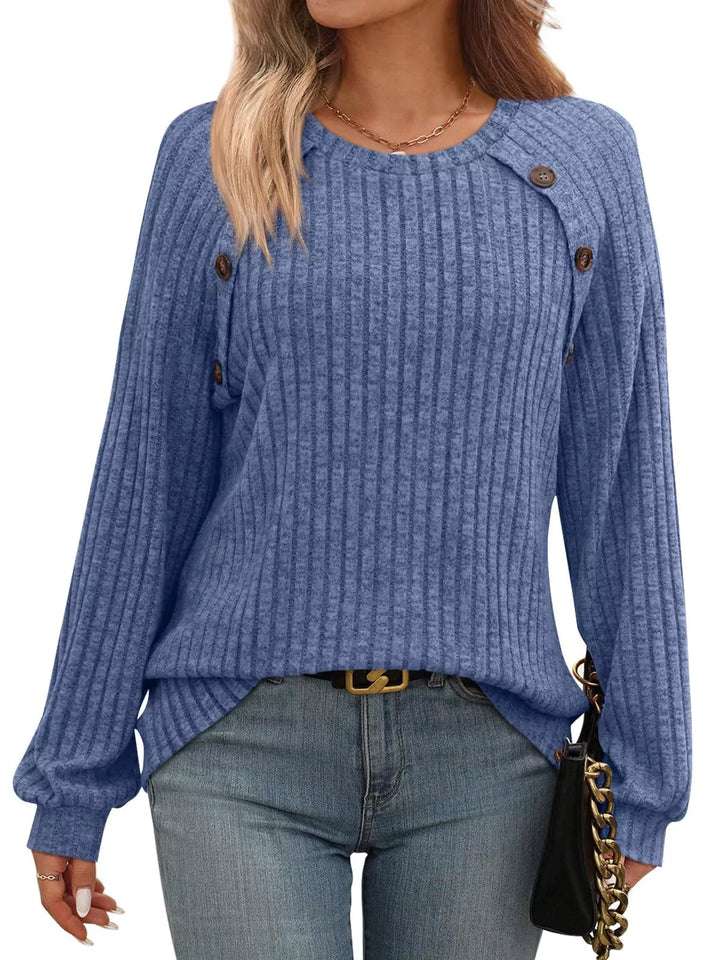 Blue Ribbed knit long sleeve top with decorative shoulder buttons