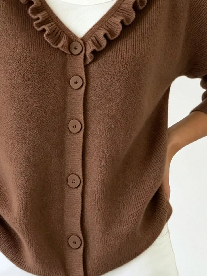 Ruffle-trim V-neck button-front knit cardigan
