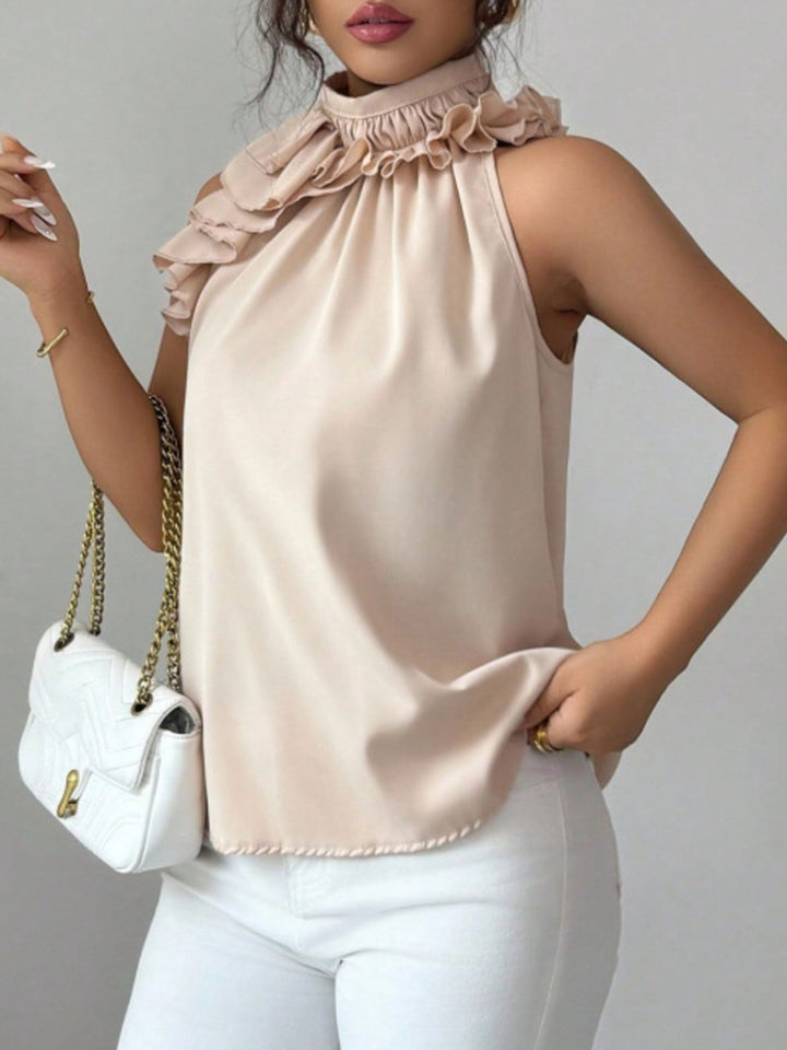 Flowy ruffle-trim high-neck sleeveless blouse