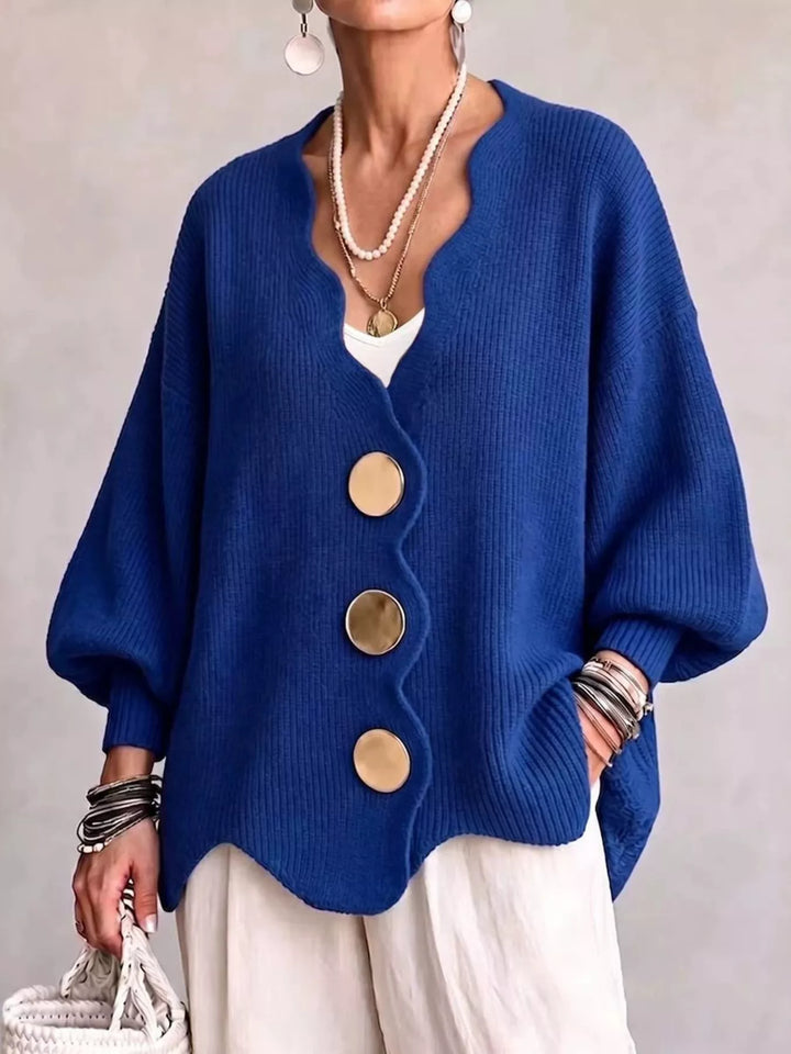 Blue Scalloped-edge ribbed knit oversized button-down cardigan