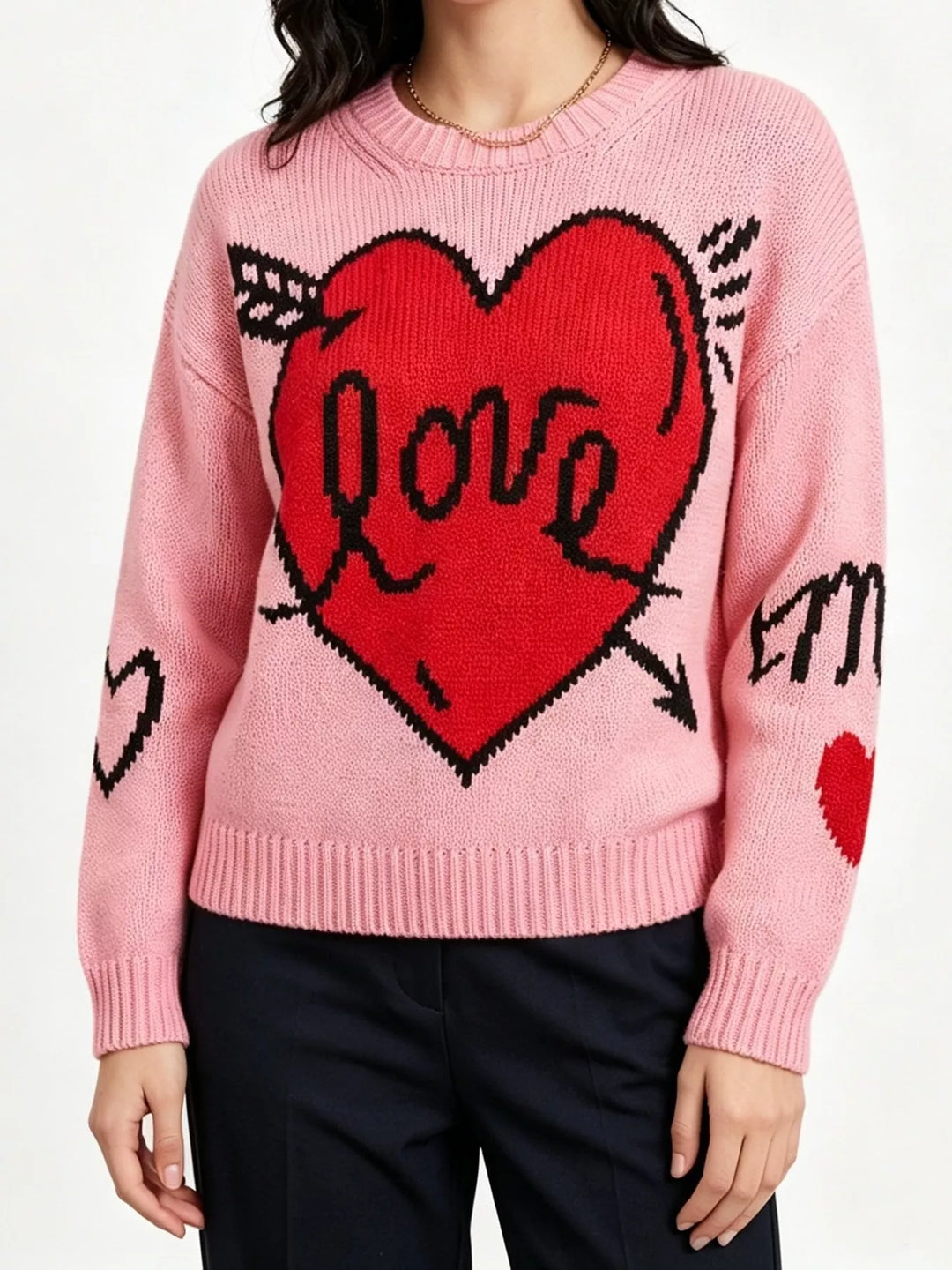 Pink Heart and arrow graphic knit sweater with ribbed trim