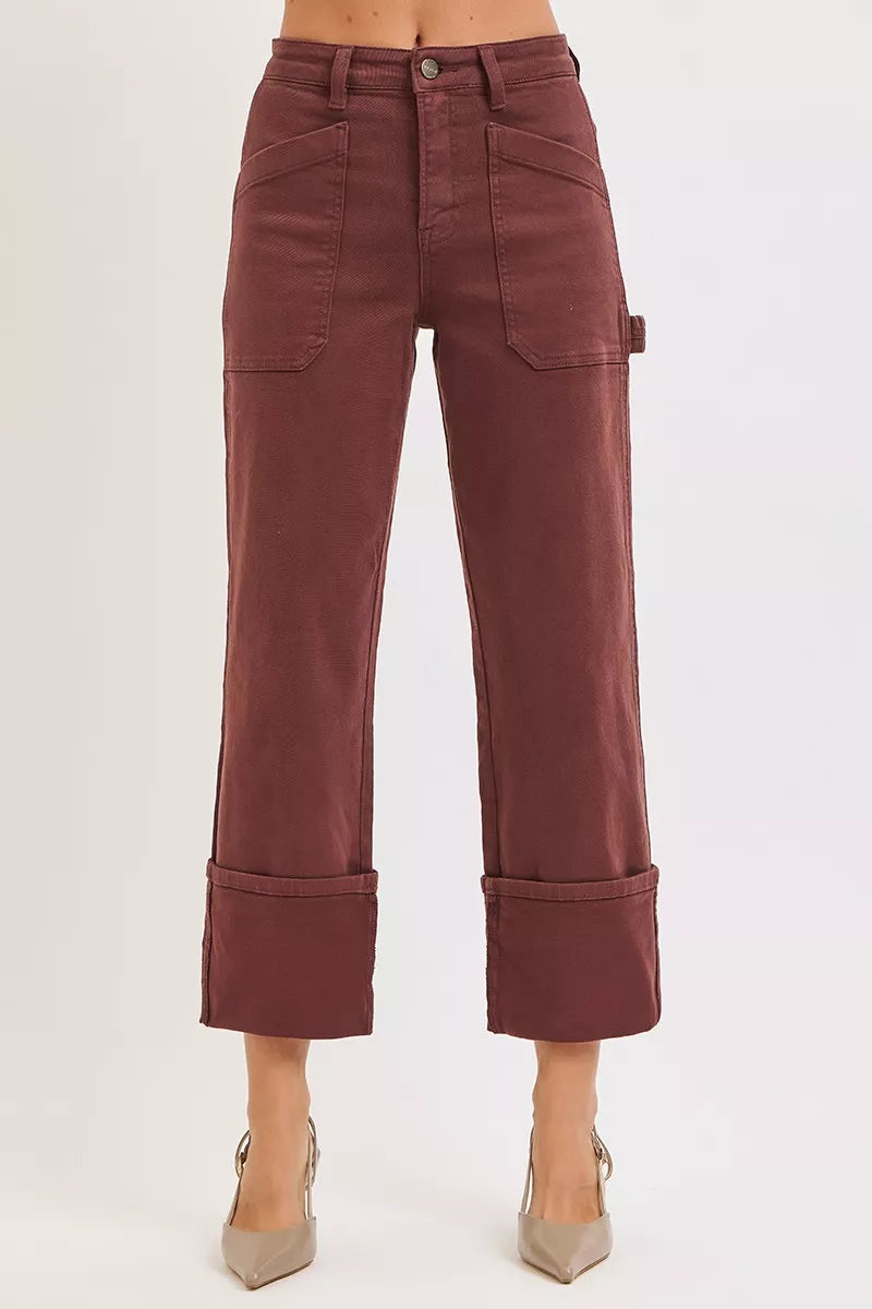 CHOCO BROWN High-rise wide-leg cuffed carpenter jeans