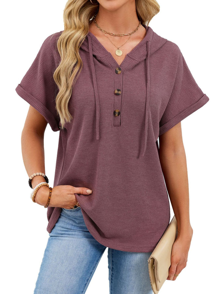 Brick Red Waffle knit short-sleeve hoodie with button placket