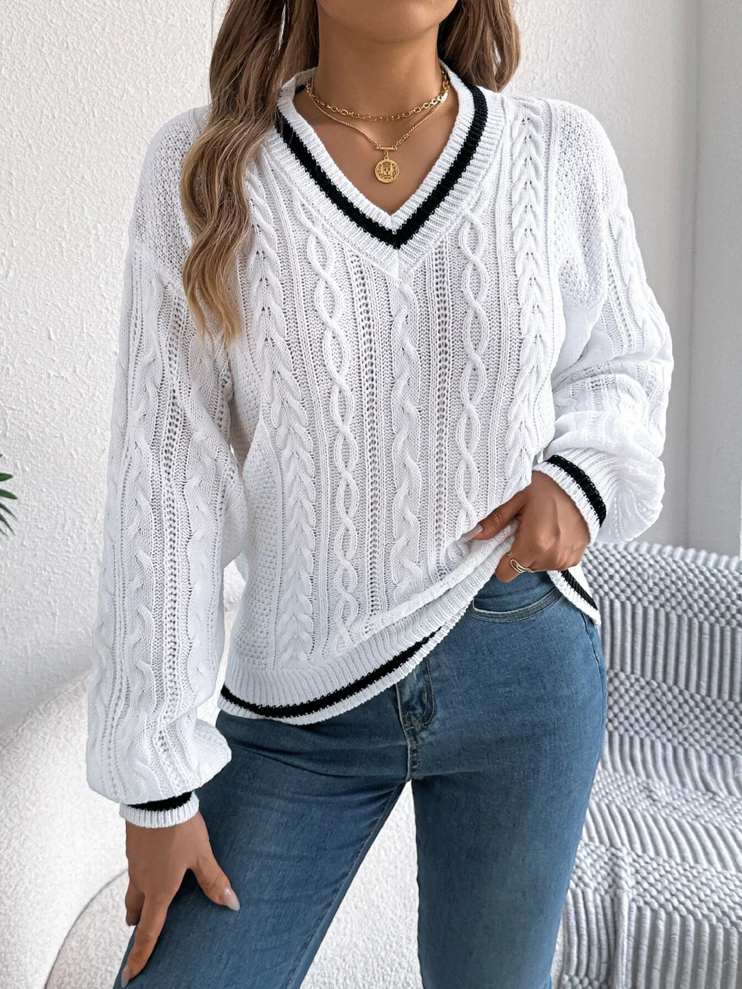 Mixed cable knit drop shoulder V-neck pullover sweater