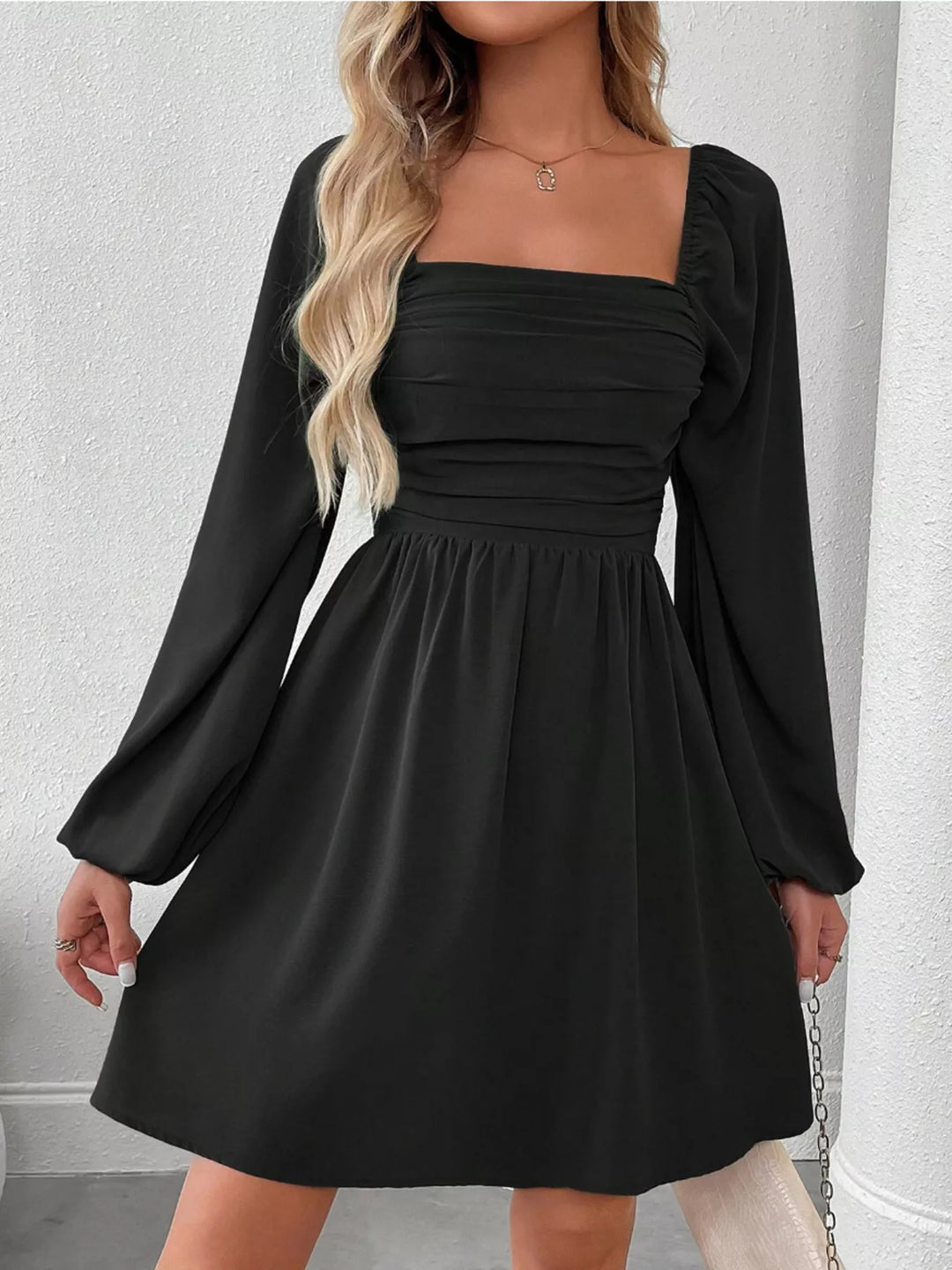 Black Ruched square-neck balloon sleeve A-line mini dress