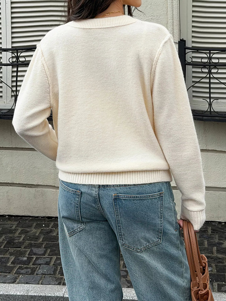 Button-front crew neck knit cardigan with ribbed trim
