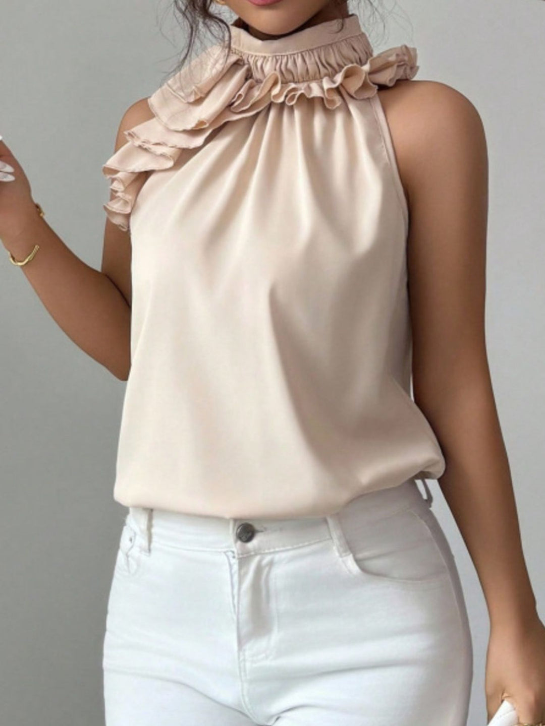 Flowy ruffle-trim high-neck sleeveless blouse