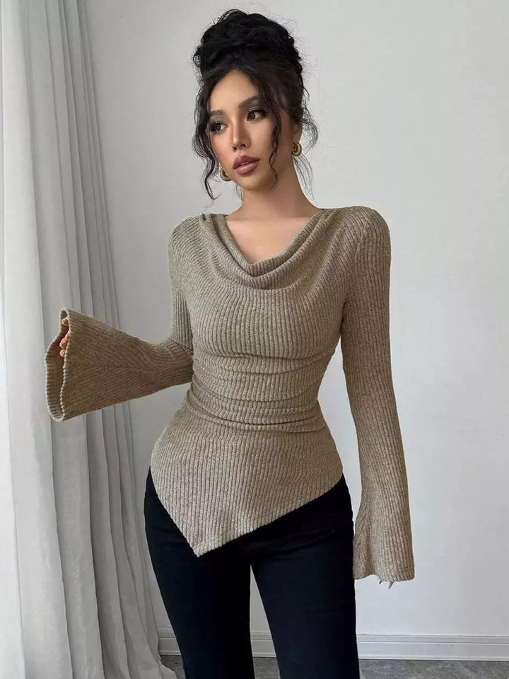 Cowl neck ribbed knit top with flare sleeves