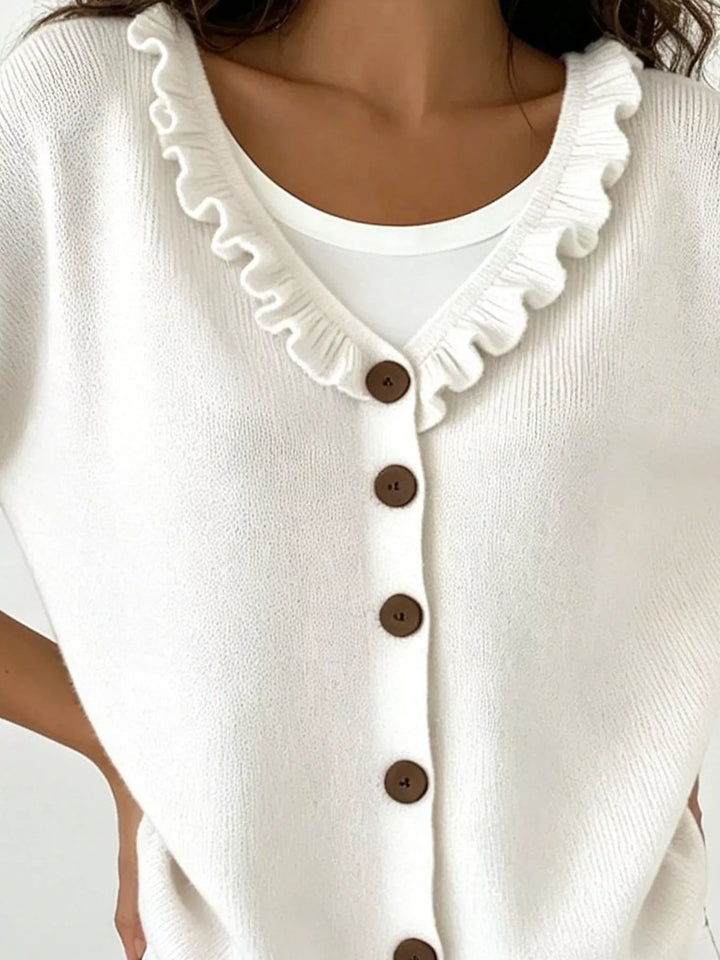 Ruffle-trim V-neck button-front knit cardigan