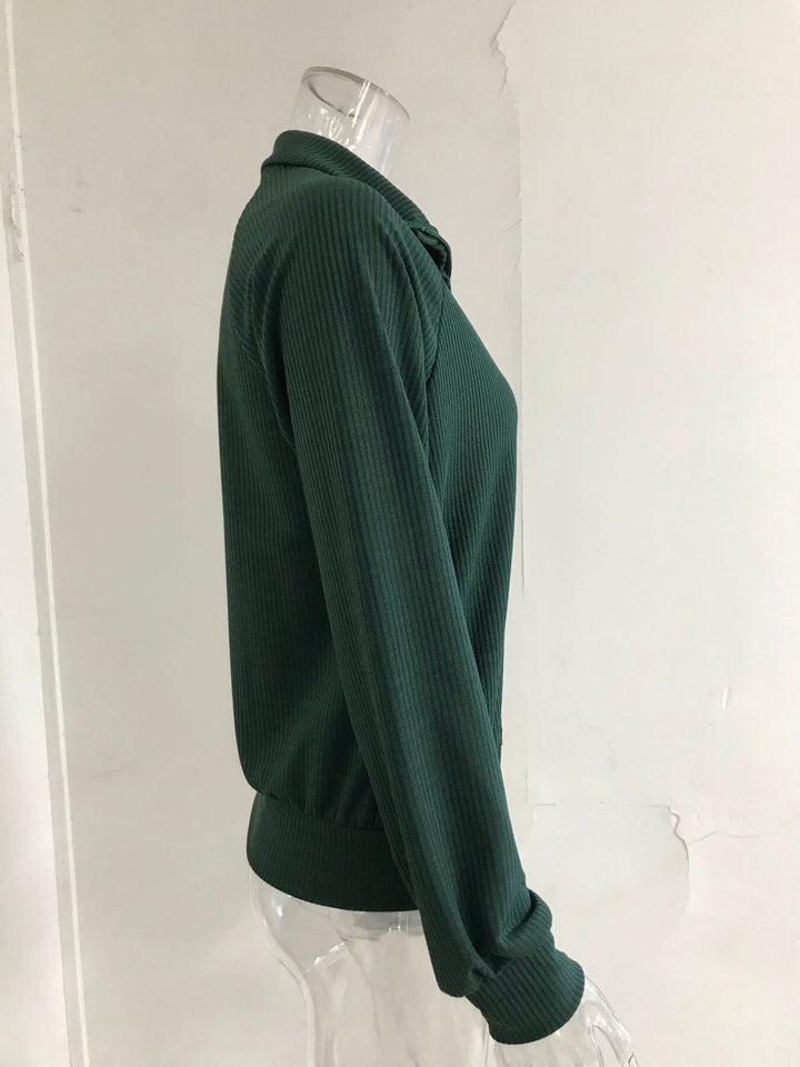 Ribbed knit zip-up cardigan with collar and pockets