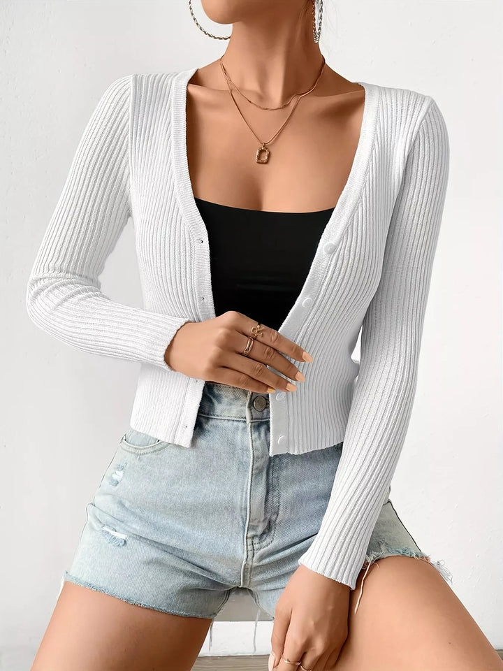 Cropped ribbed knit button-up cardigan with V-neck