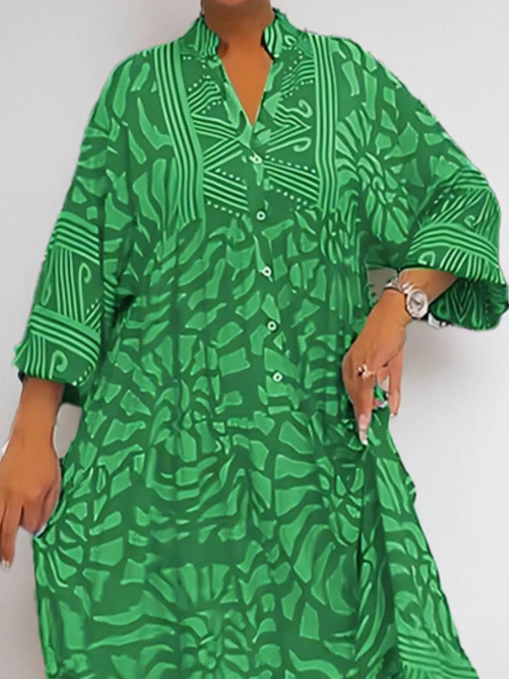 Abstract print button-front tiered midi dress