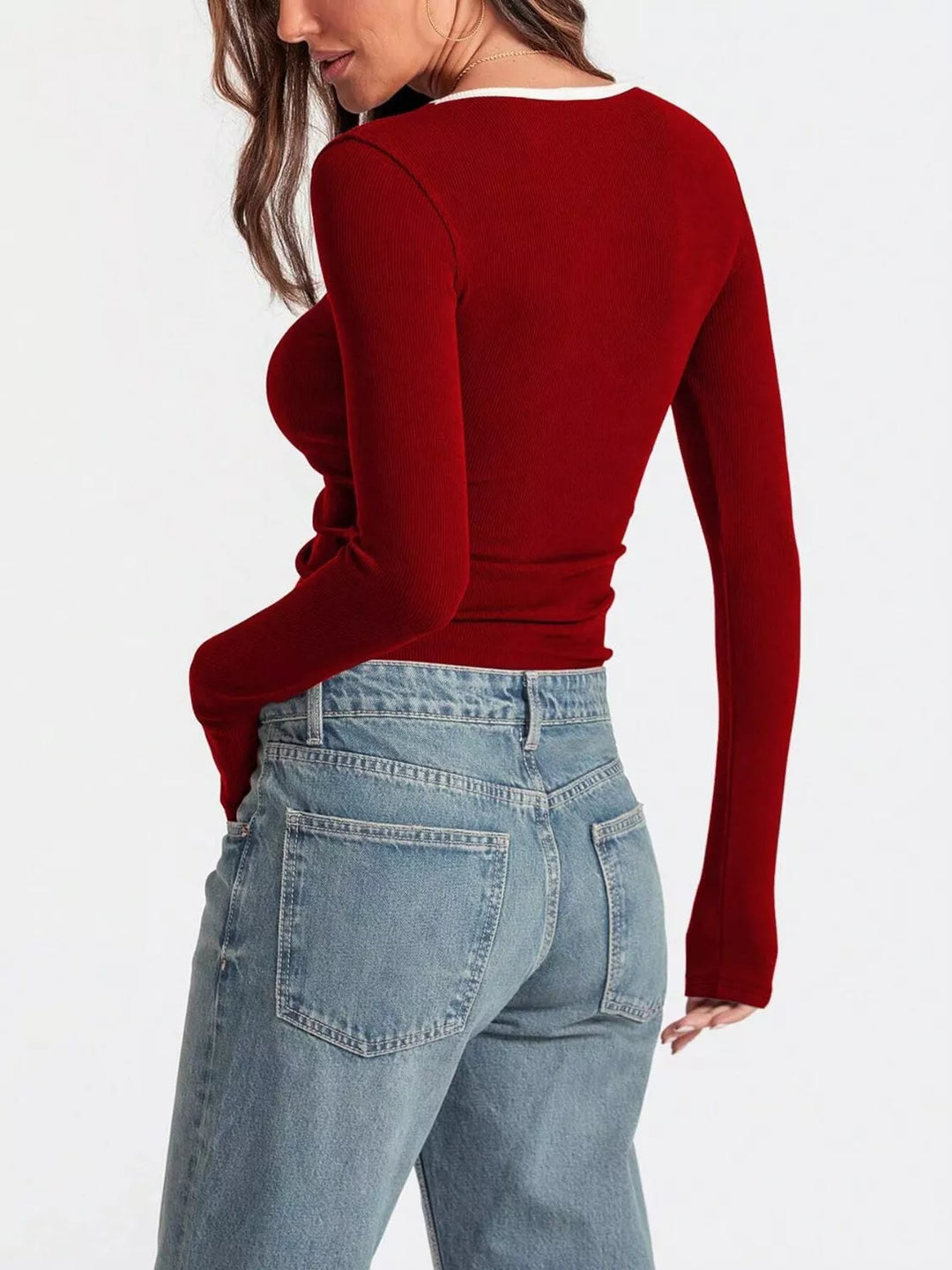 Ribbed contrast-trim square neck long sleeve top